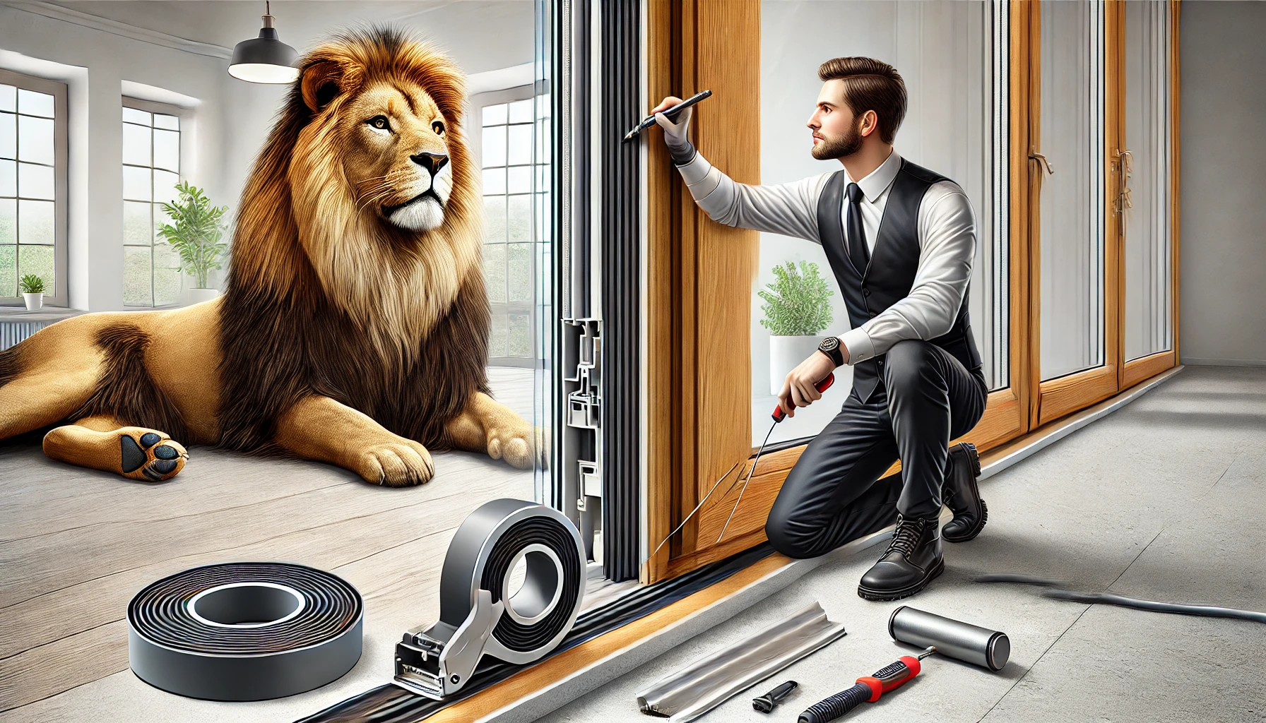 DALL·E 2025-01-23 00.55.12 - A professional and detailed illustration showing a technician replacing the rubber seal on a wooden euro window. The technician is focused, using prec